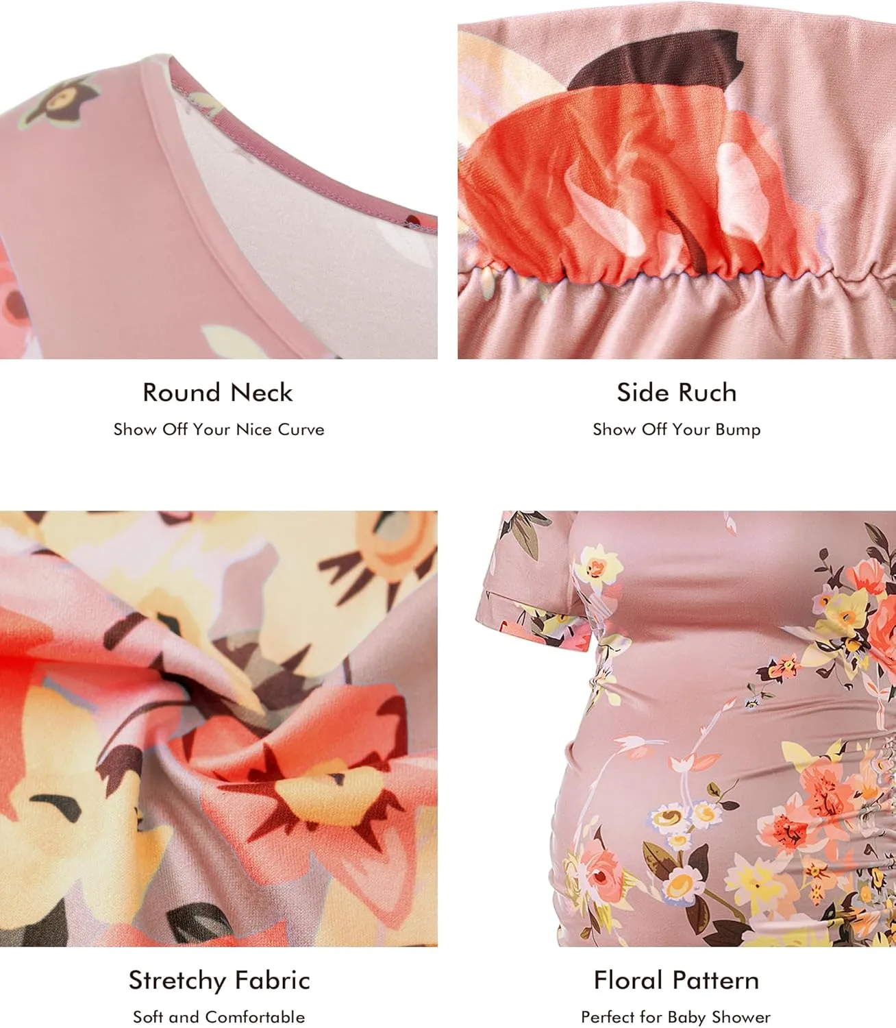 MUSIDORA Solid Color & Floral Side Ruch Maternity Dress/Short Sleeve Bodycon Dress Baby Shower Daily Wear