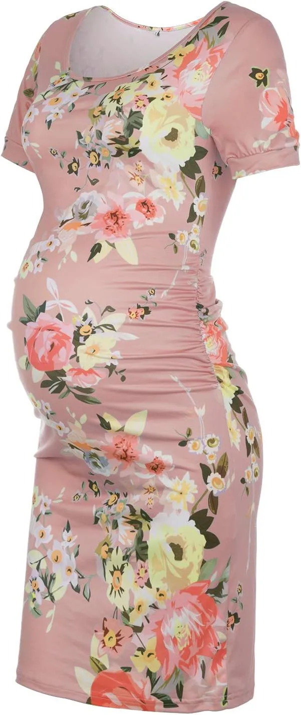 MUSIDORA Solid Color & Floral Side Ruch Maternity Dress/Short Sleeve Bodycon Dress Baby Shower Daily Wear