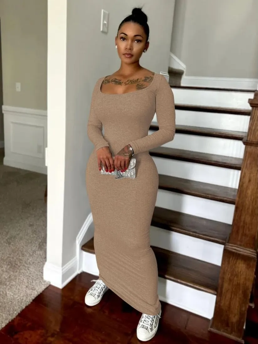Nimsruc Sexy Crew Neck Lounge Long Dress Fitted Long Sleeve Ribbed Bodycon Maxi Dresses for Women 2024