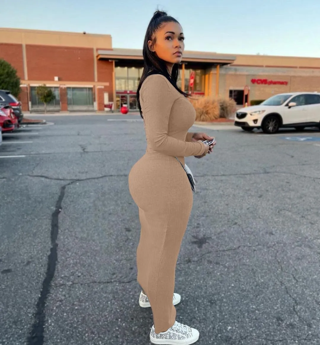 Nimsruc Sexy Crew Neck Lounge Long Dress Fitted Long Sleeve Ribbed Bodycon Maxi Dresses for Women 2024