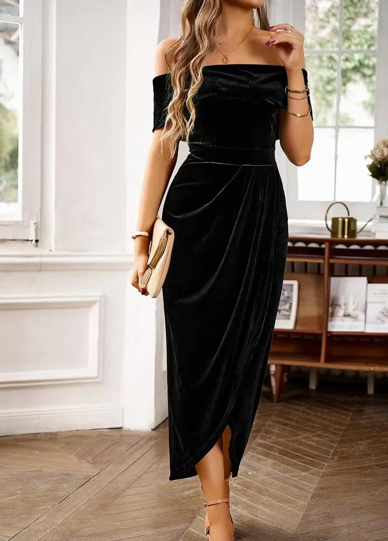 Off The Shoulder Vintage Velvet Bodycon Midi Dress for Women Wrap Slit Elegant Cocktail Party Evening Pencil Dress