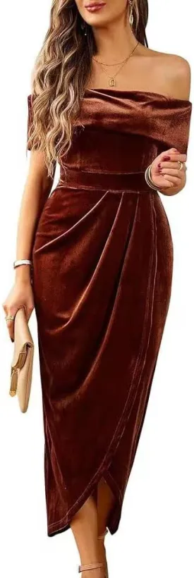 Off The Shoulder Vintage Velvet Bodycon Midi Dress for Women Wrap Slit Elegant Cocktail Party Evening Pencil Dress