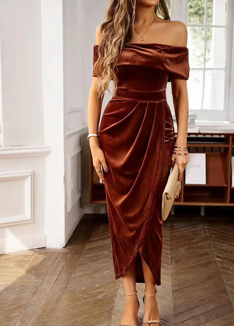 Off The Shoulder Vintage Velvet Bodycon Midi Dress for Women Wrap Slit Elegant Cocktail Party Evening Pencil Dress