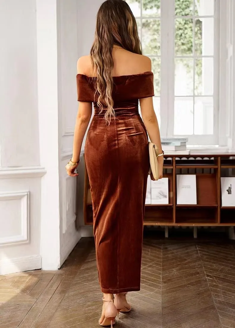 Off The Shoulder Vintage Velvet Bodycon Midi Dress for Women Wrap Slit Elegant Cocktail Party Evening Pencil Dress