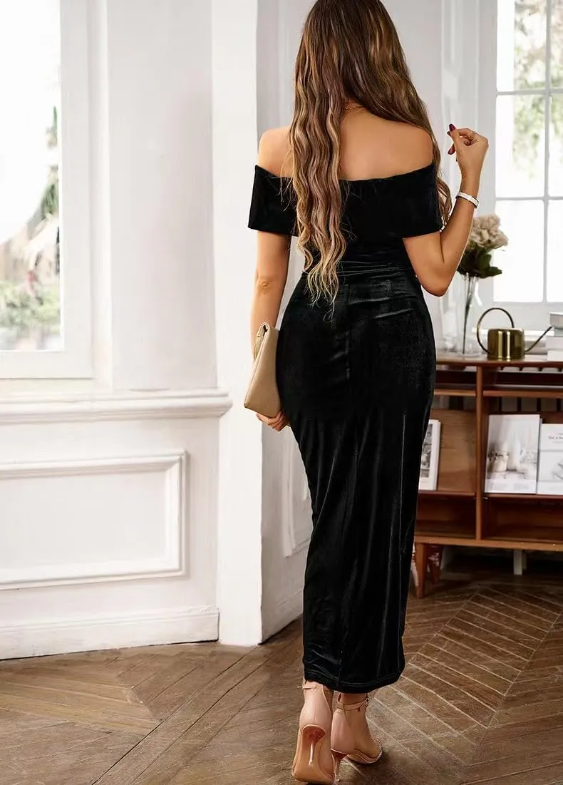 Off The Shoulder Vintage Velvet Bodycon Midi Dress for Women Wrap Slit Elegant Cocktail Party Evening Pencil Dress
