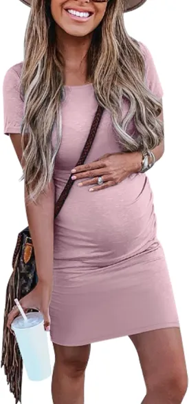 Peauty Everyday Essentials Maternity Bodycon Dress Side Ruch & Short Sleeve Dress for Baby Shower Daily (S-2XL)