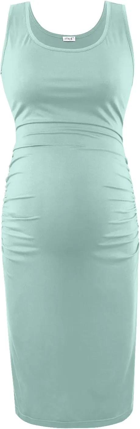 Peauty "B Shape Side Ruch Maternity Tank Dress/Bodycon Midi Dress for Everyday Wear Baby Shower