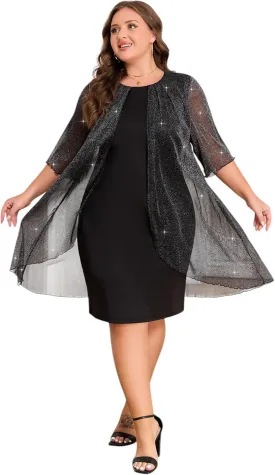 Plus Size Elegant Wedding Guest Dress for Women - Mesh Evening Cocktail Midi Dress Half Sleeve