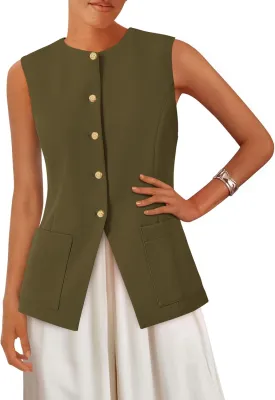 PRETTYGARDEN Women's Sleeveless Blazer Vest Summer 2025 Trendy Button Down Business Suit Vest Tops Outerwear Waistcoat
