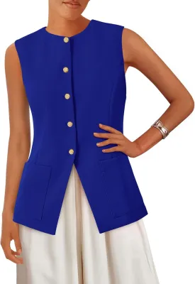 PRETTYGARDEN Women's Sleeveless Blazer Vest Summer 2025 Trendy Button Down Business Suit Vest Tops Outerwear Waistcoat