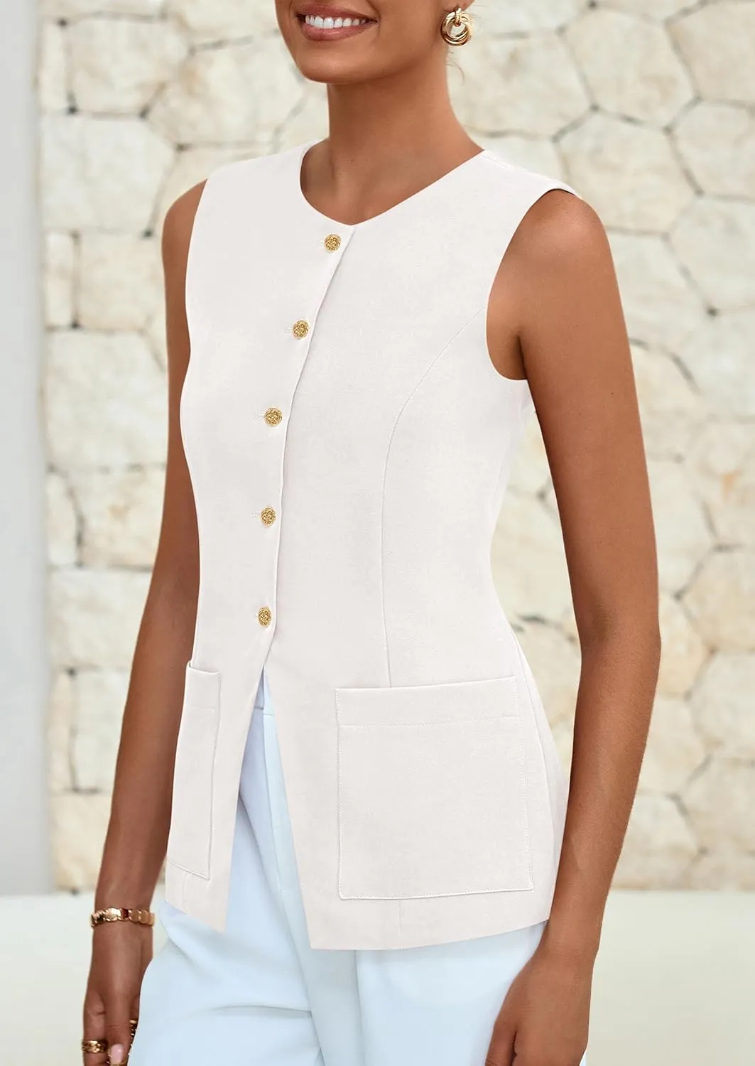 PRETTYGARDEN Women's Sleeveless Blazer Vest Summer 2025 Trendy Button Down Business Suit Vest Tops Outerwear Waistcoat