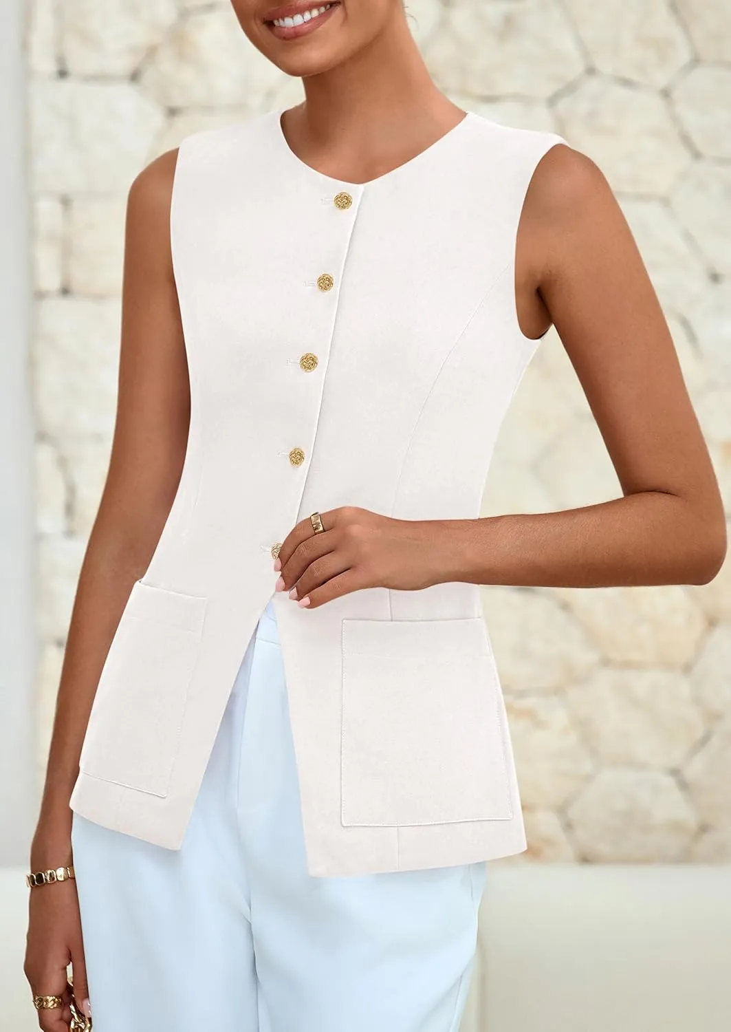 PRETTYGARDEN Women's Sleeveless Blazer Vest Summer 2025 Trendy Button Down Business Suit Vest Tops Outerwear Waistcoat