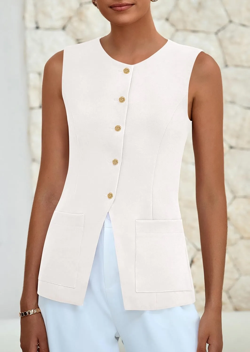 PRETTYGARDEN Women's Sleeveless Blazer Vest Summer 2025 Trendy Button Down Business Suit Vest Tops Outerwear Waistcoat