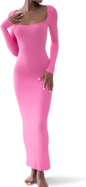 PUMIEY Women's Square Neck Long Sleeve Maxi Dress Ribbed Bodycon Dresses for Women Soft Lounge Dress
