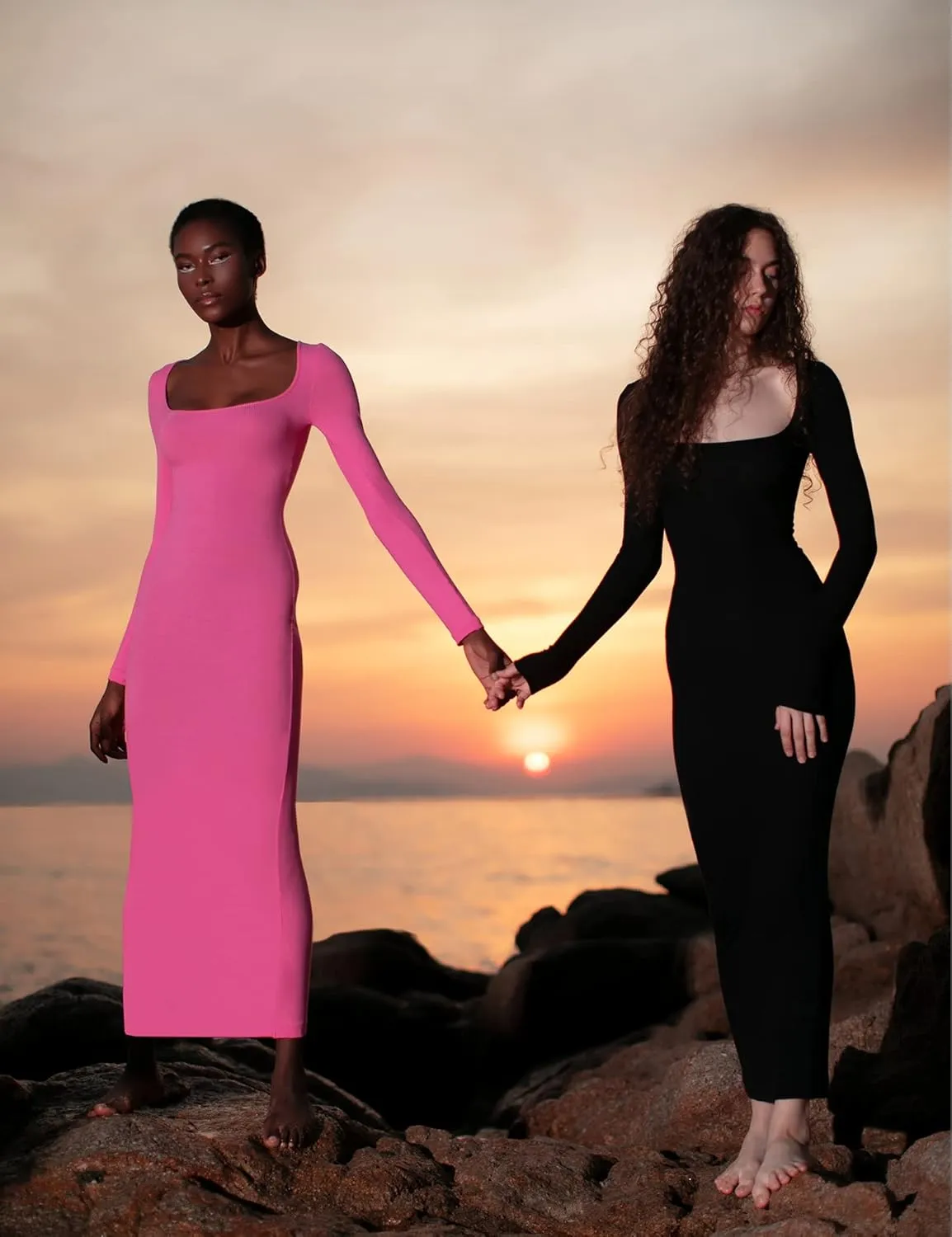 PUMIEY Women's Square Neck Long Sleeve Maxi Dress Ribbed Bodycon Dresses for Women Soft Lounge Dress