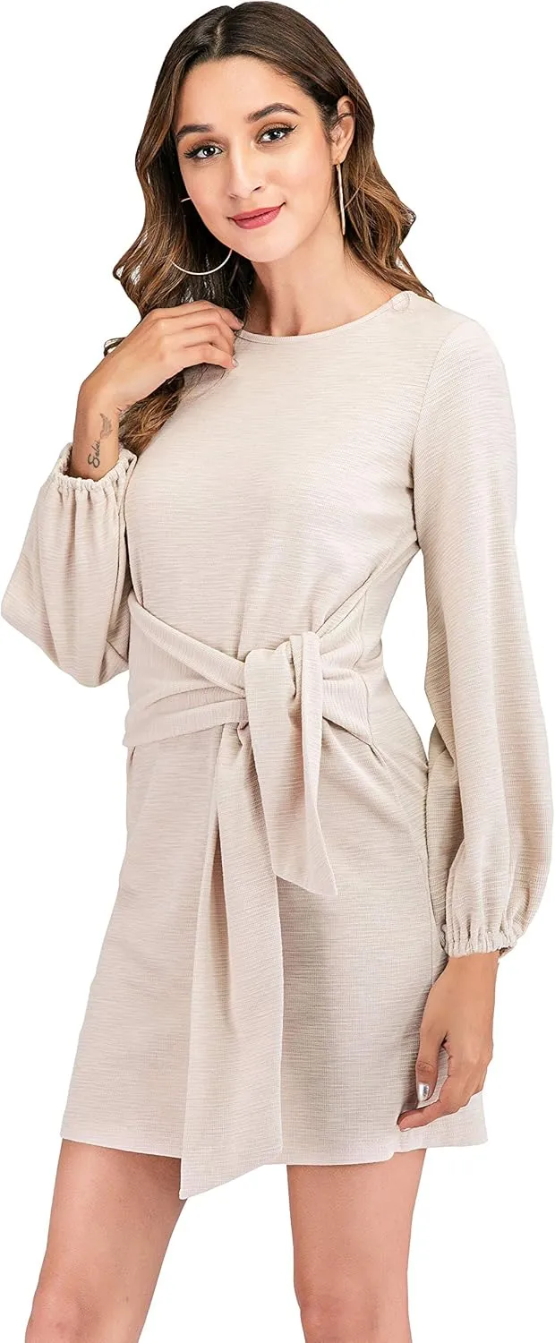 R.Vivimos Women's Autumn Winter Cotton Long Sleeves Elegant Knitted Bodycon Tie Waist Sweater Pencil Dress