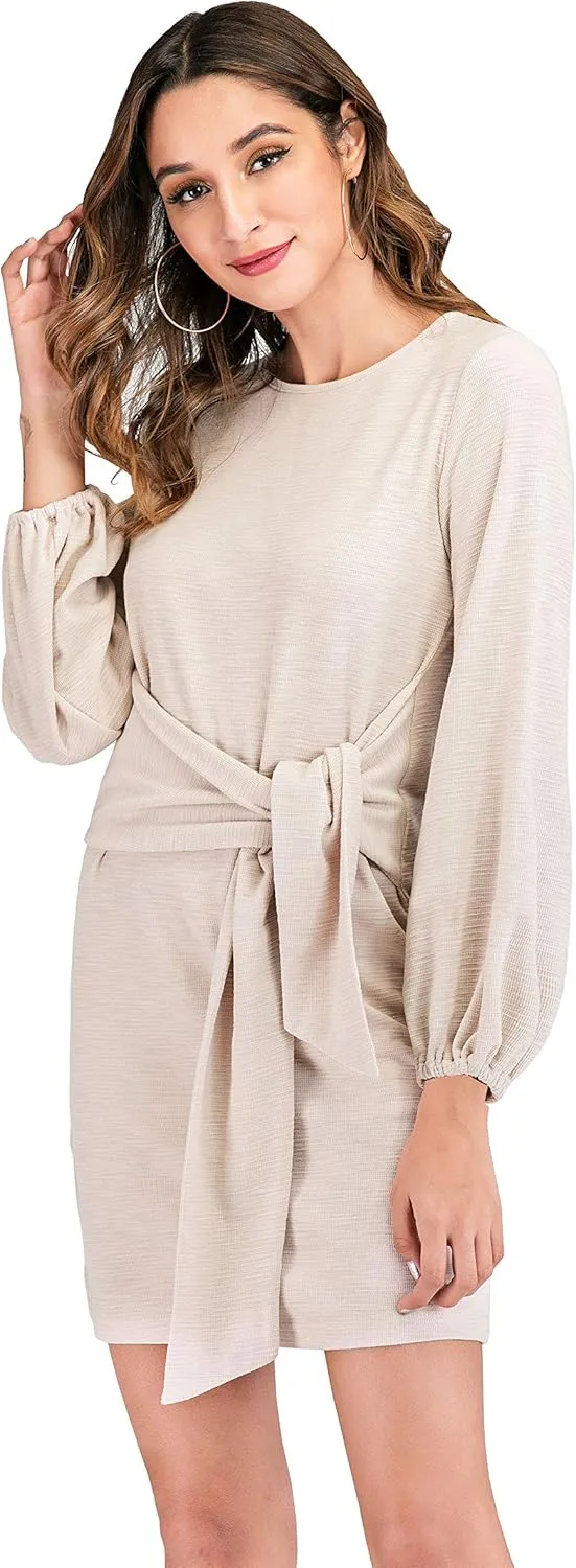 R.Vivimos Women's Autumn Winter Cotton Long Sleeves Elegant Knitted Bodycon Tie Waist Sweater Pencil Dress