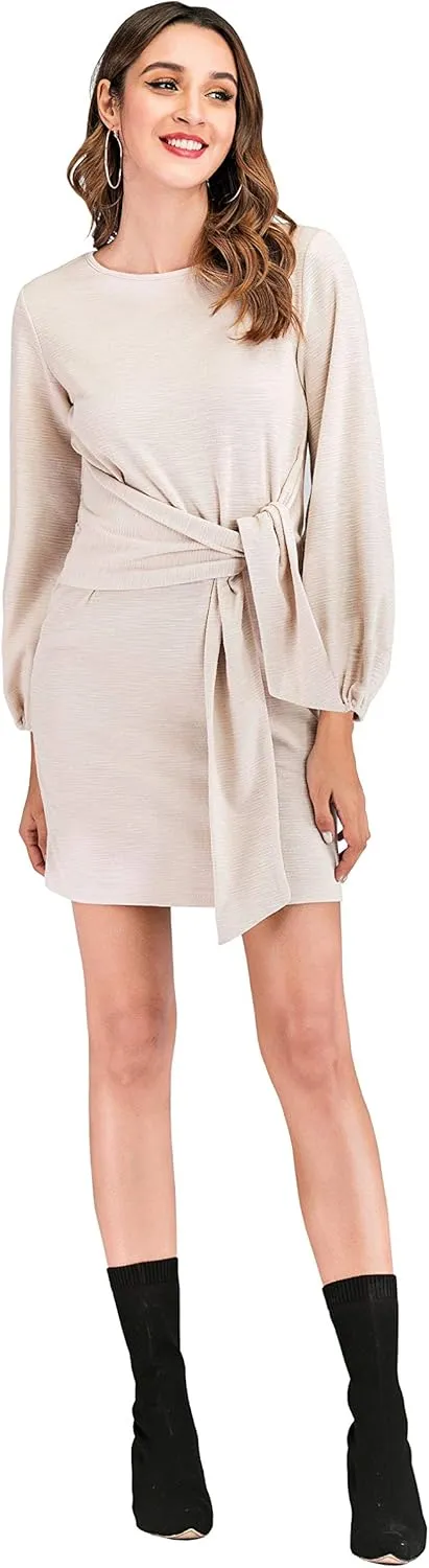 R.Vivimos Women's Autumn Winter Cotton Long Sleeves Elegant Knitted Bodycon Tie Waist Sweater Pencil Dress