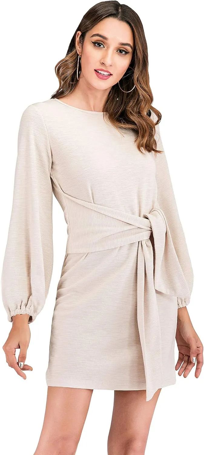 R.Vivimos Women's Autumn Winter Cotton Long Sleeves Elegant Knitted Bodycon Tie Waist Sweater Pencil Dress