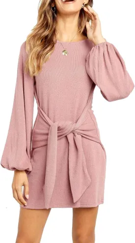 R.Vivimos Women's Autumn Winter Cotton Long Sleeves Elegant Knitted Bodycon Tie Waist Sweater Pencil Dress