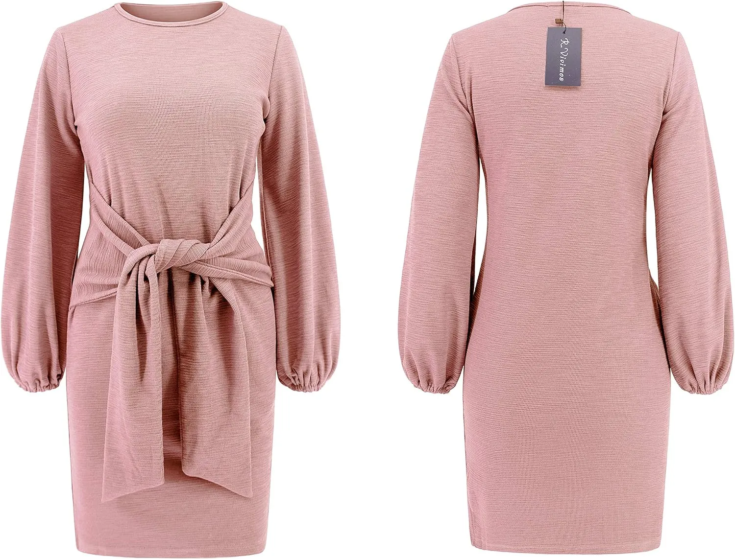 R.Vivimos Women's Autumn Winter Cotton Long Sleeves Elegant Knitted Bodycon Tie Waist Sweater Pencil Dress