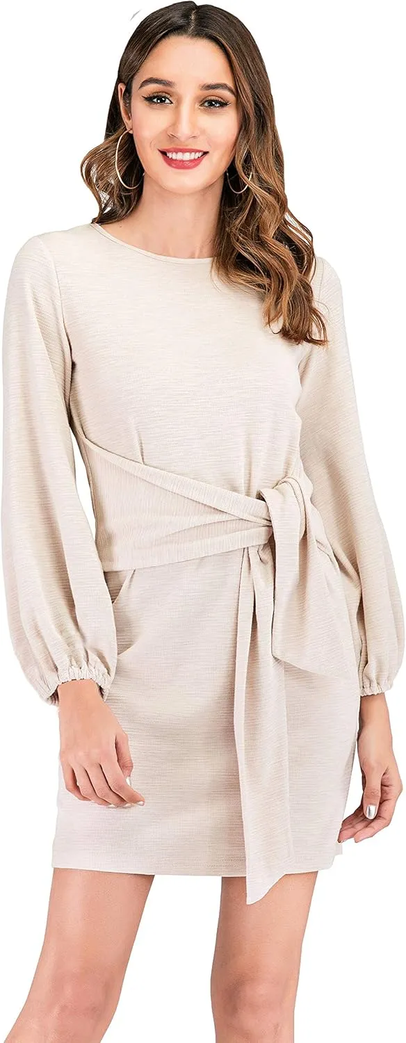 R.Vivimos Women's Autumn Winter Cotton Long Sleeves Elegant Knitted Bodycon Tie Waist Sweater Pencil Dress