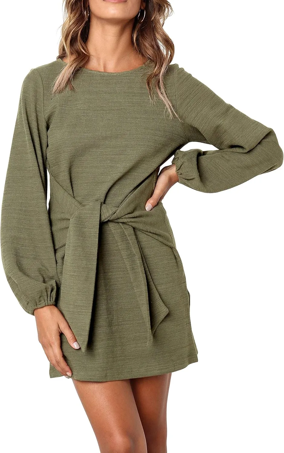 R.Vivimos Women's Autumn Winter Cotton Long Sleeves Elegant Knitted Bodycon Tie Waist Sweater Pencil Dress