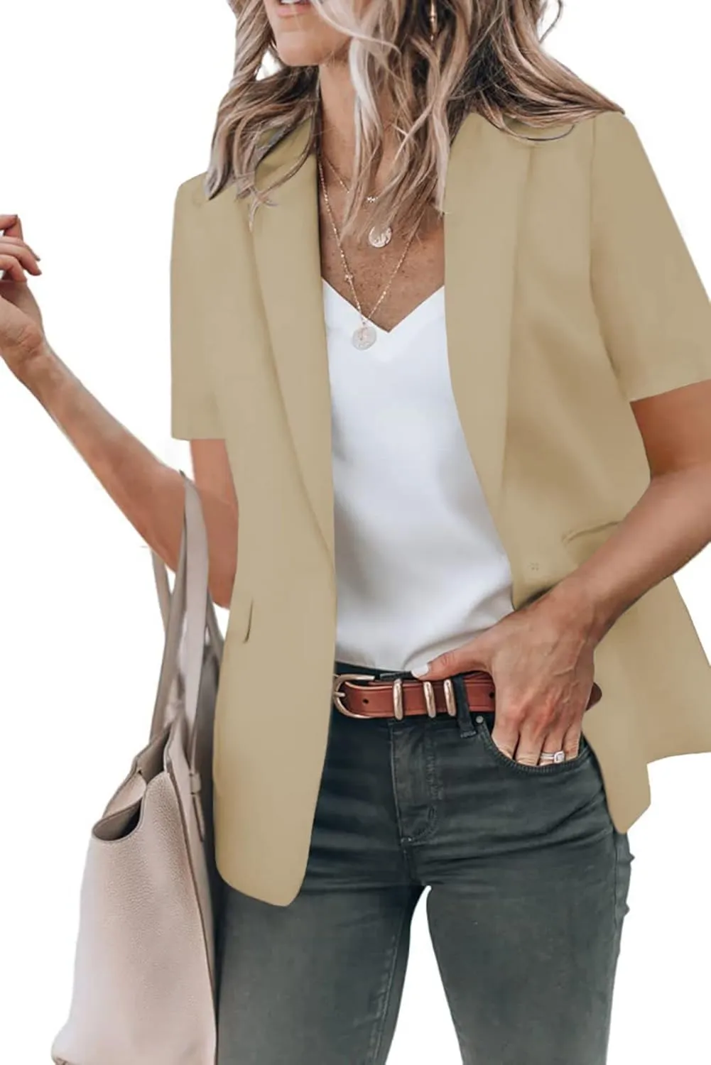 Summer Blazers for Women Lightweight Casual Lapel One Button Short Sleeve Jacket Business Open Front Office Blazers