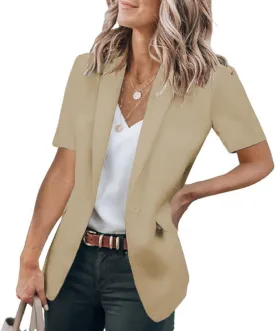 Summer Blazers for Women Lightweight Casual Lapel One Button Short Sleeve Jacket Business Open Front Office Blazers