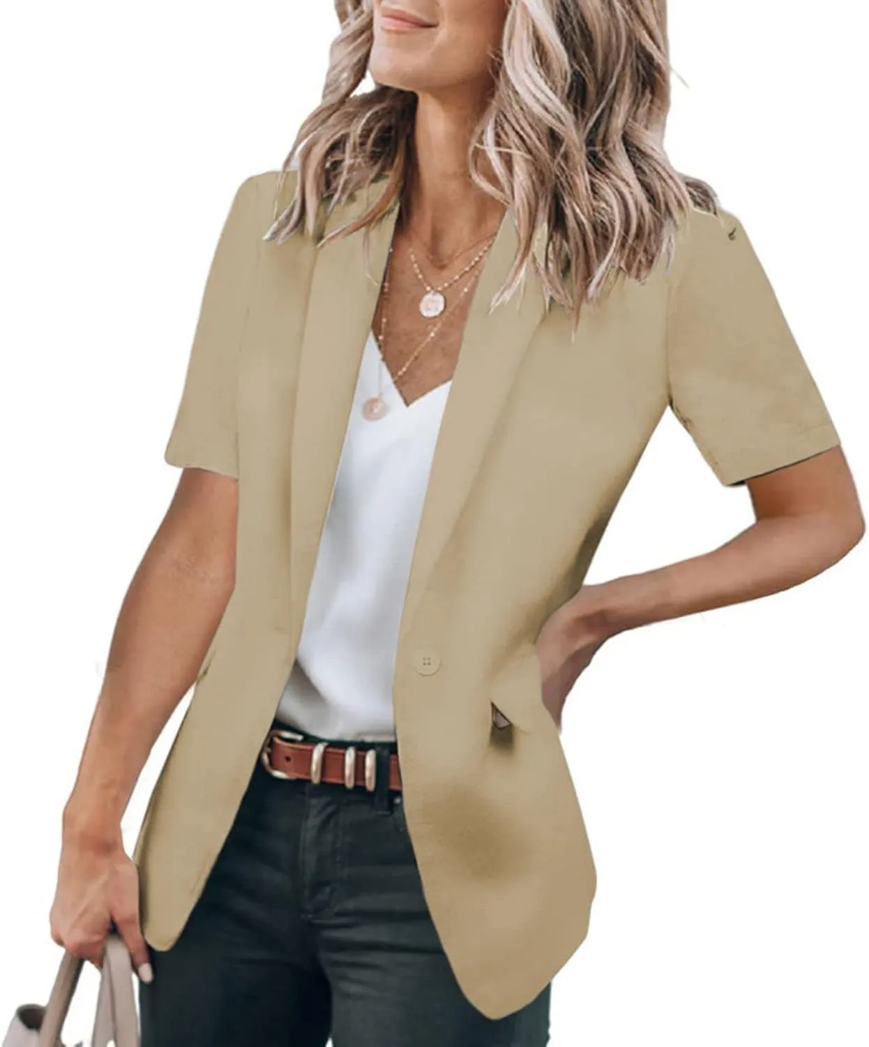 Summer Blazers for Women Lightweight Casual Lapel One Button Short Sleeve Jacket Business Open Front Office Blazers