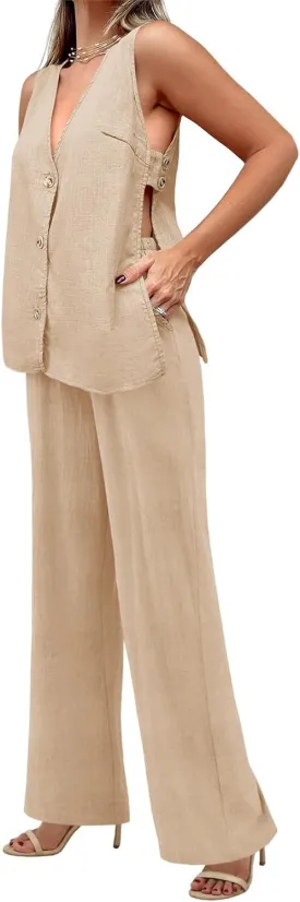 Tankaneo Womens 2 Piece Linen Sets Summer Outfits Sleeveless V Neck Botton Down Tank Tops and Pants Matching Set