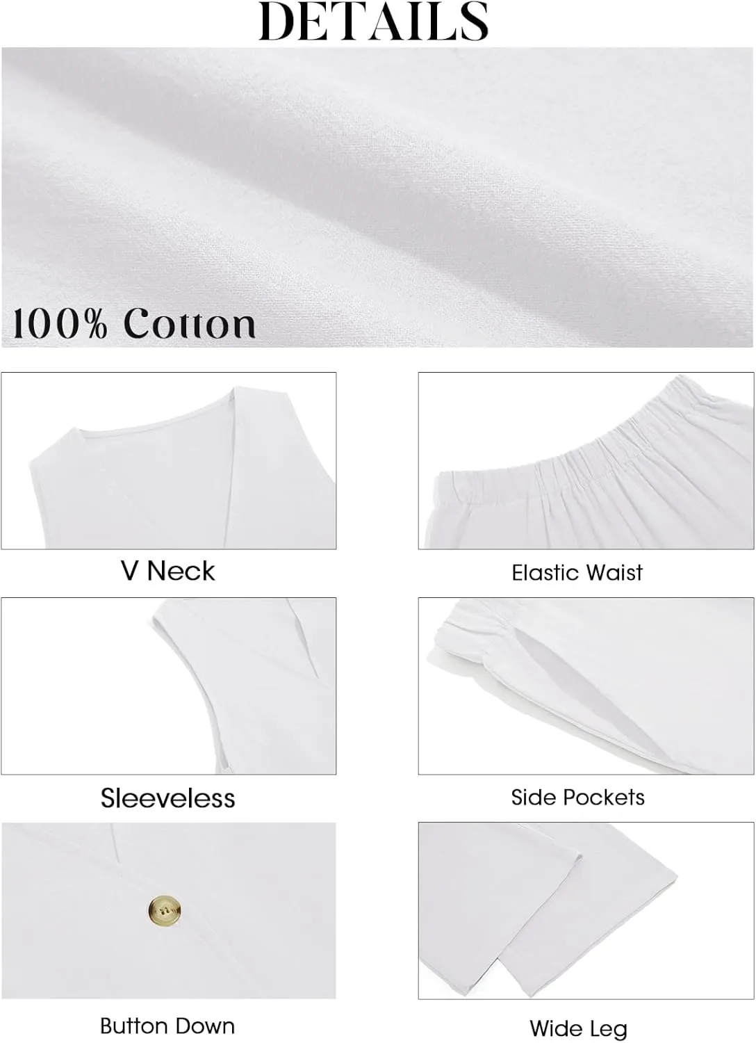 Tankaneo Womens 2 Piece Linen Sets Summer Outfits Sleeveless V Neck Botton Down Tank Tops and Pants Matching Set