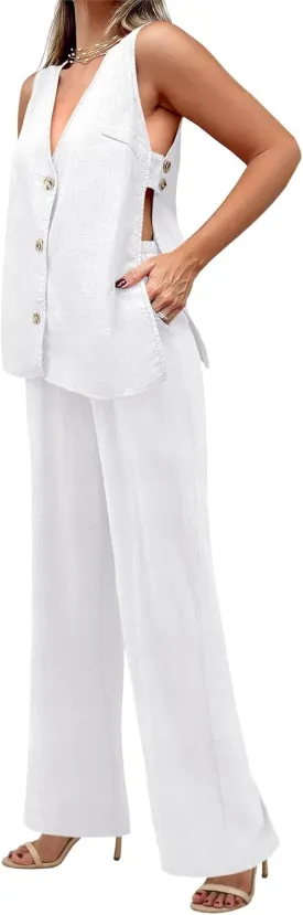 Tankaneo Womens 2 Piece Linen Sets Summer Outfits Sleeveless V Neck Botton Down Tank Tops and Pants Matching Set