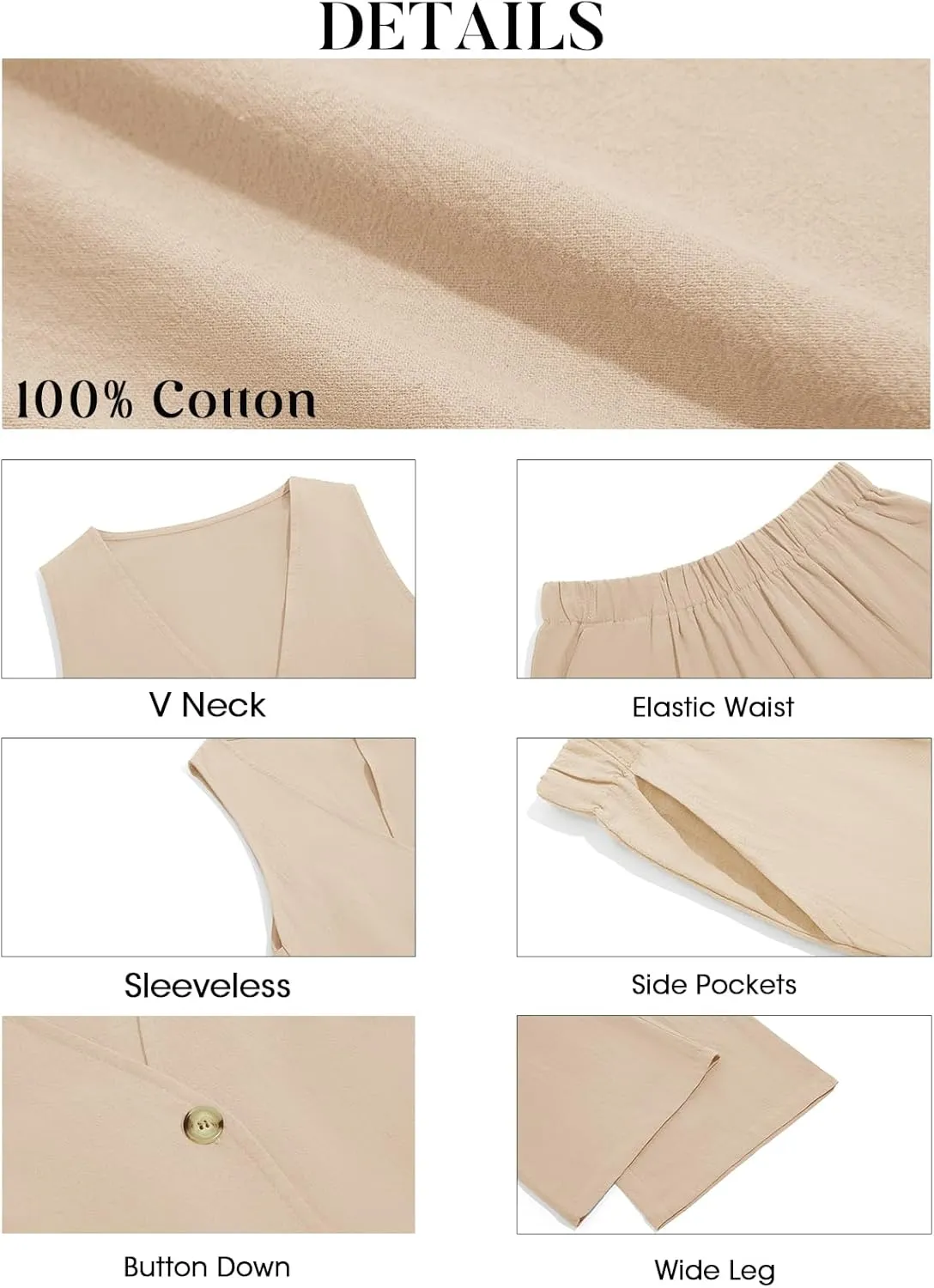 Tankaneo Womens 2 Piece Linen Sets Summer Outfits Sleeveless V Neck Botton Down Tank Tops and Pants Matching Set