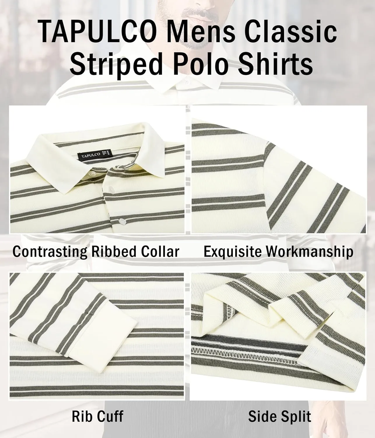 TAPULCO Mens Classic Fit Striped Polo Shirts Casual Collared Sports Golf Tennis Daily T-Shirts for Everyday Wear