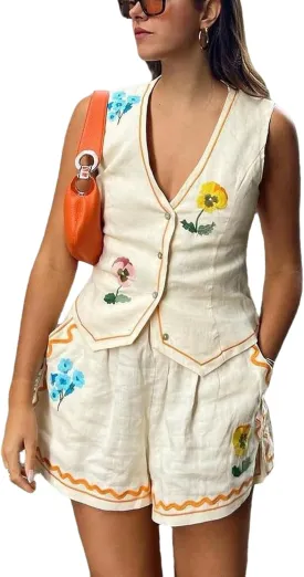 THLAI Women Linen Two Piece Outfits Suits Summer Short Sets Sleeveless Vest Top and Shorts Sets Sexy Vacation outfits