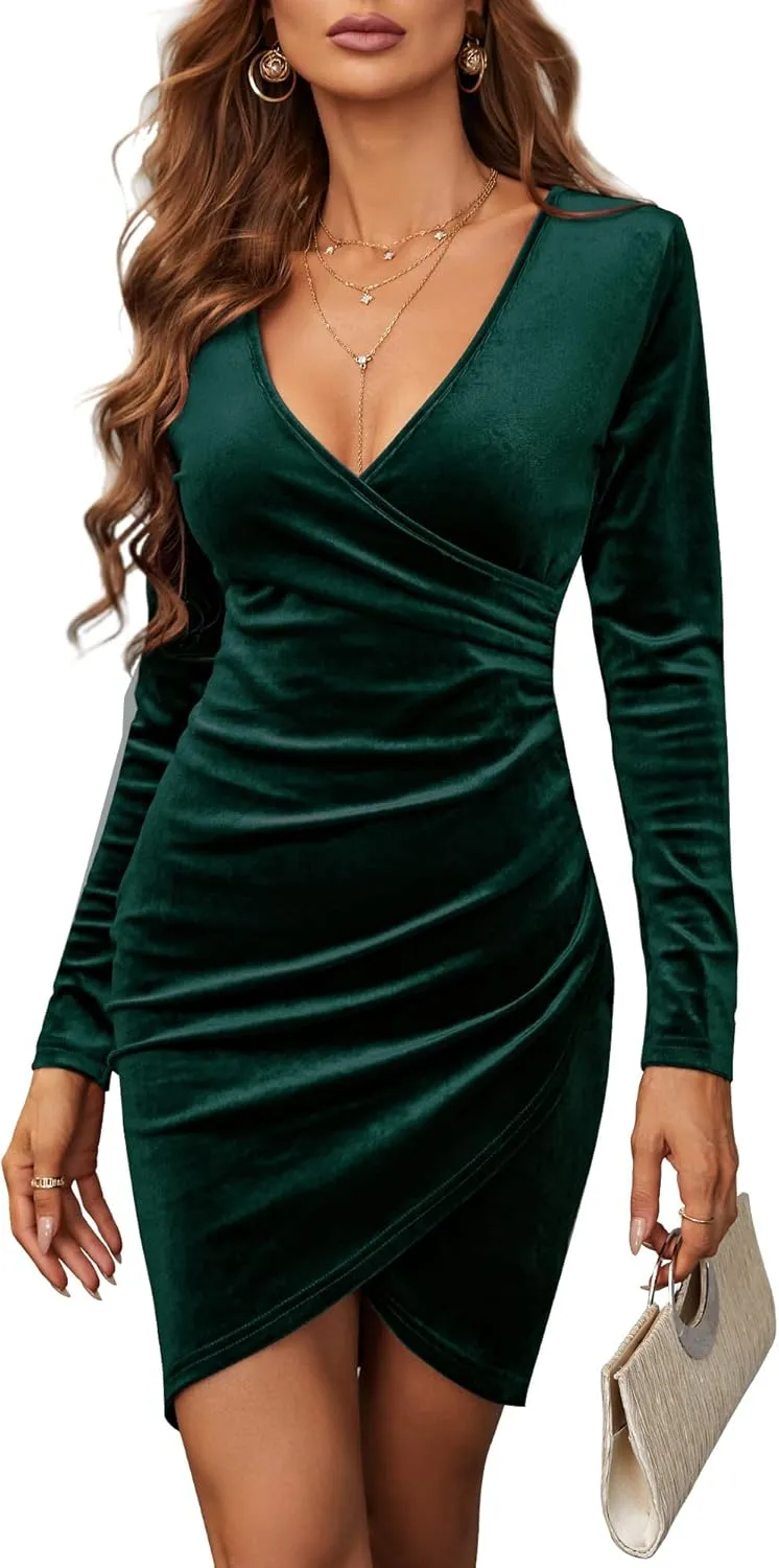 Velvet Dress for Women Wrap V Neck Long Sleeve Ruched Midi Dresses for Cocktail Evening Party