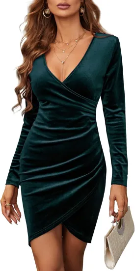 Velvet Dress for Women Wrap V Neck Long Sleeve Ruched Midi Dresses for Cocktail Evening Party