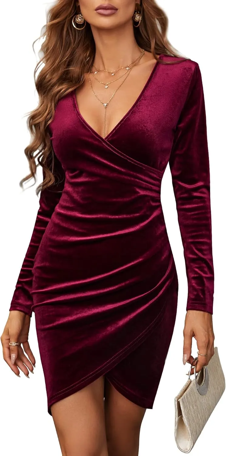 Velvet Dress for Women Wrap V Neck Long Sleeve Ruched Midi Dresses for Cocktail Evening Party