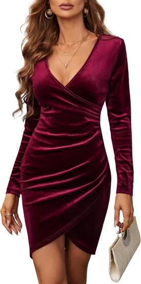 Velvet Dress for Women Wrap V Neck Long Sleeve Ruched Midi Dresses for Cocktail Evening Party
