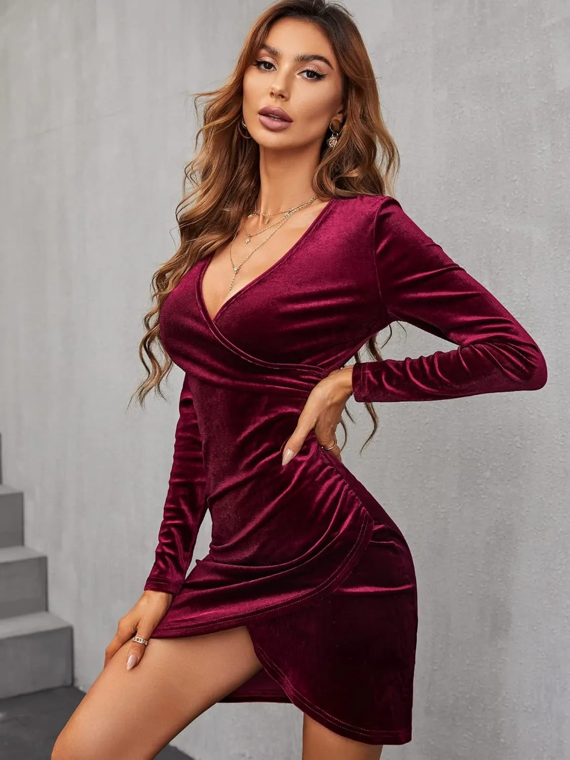 Velvet Dress for Women Wrap V Neck Long Sleeve Ruched Midi Dresses for Cocktail Evening Party