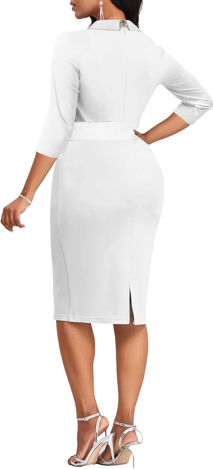 Wear to Work Dresses for Women Elegant Long Sleeve Bodycon Formal Pencil Knee Length Dress Party Evening