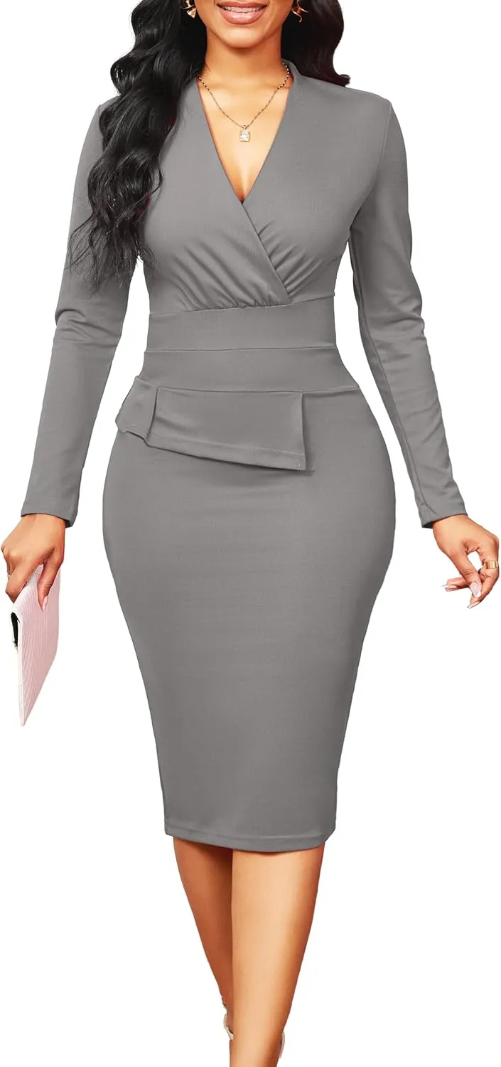 Wear to Work Dresses for Women Elegant Long Sleeve Bodycon Formal Pencil Knee Length Dress Party Evening