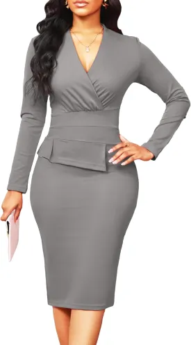 Wear to Work Dresses for Women Elegant Long Sleeve Bodycon Formal Pencil Knee Length Dress Party Evening