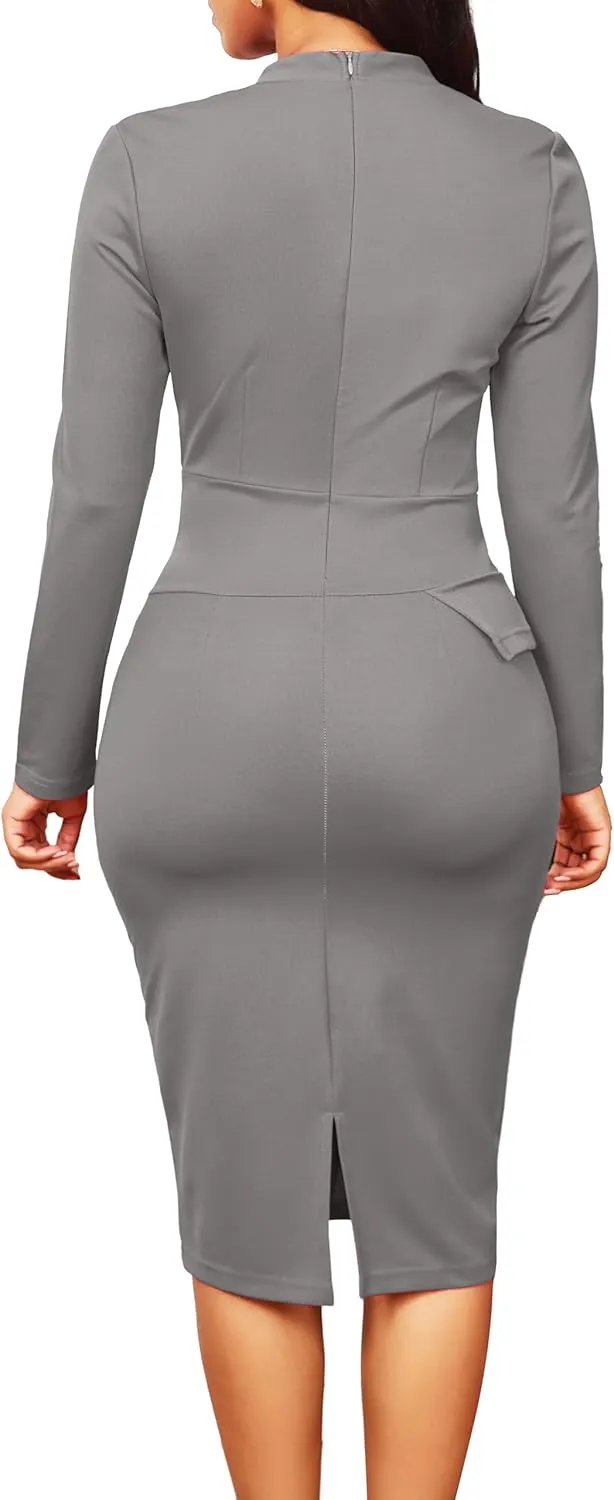Wear to Work Dresses for Women Elegant Long Sleeve Bodycon Formal Pencil Knee Length Dress Party Evening