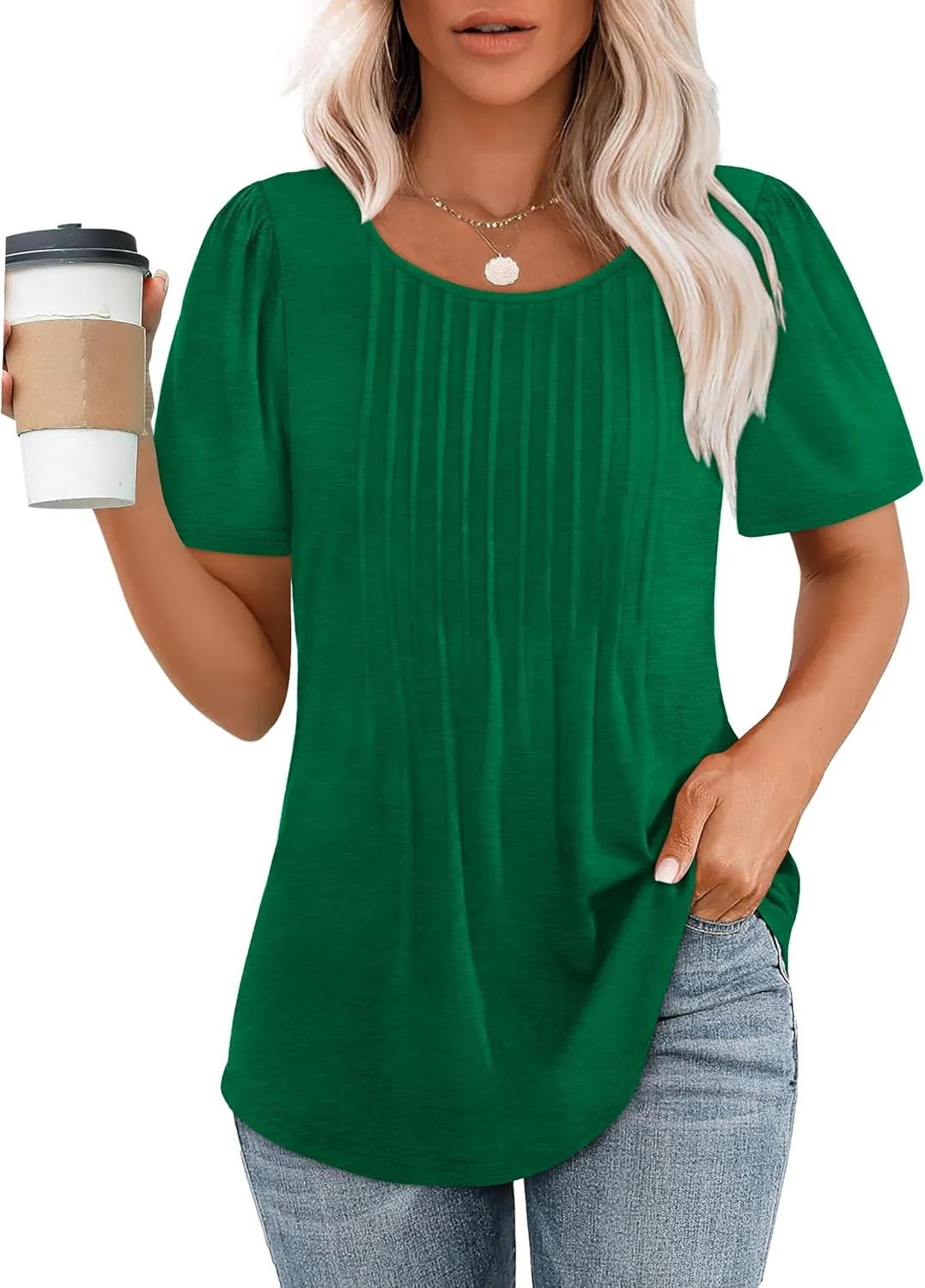 WIHOLL Short Sleeve Shirts for Women Summer Dressy Casual Tops Pleated Front