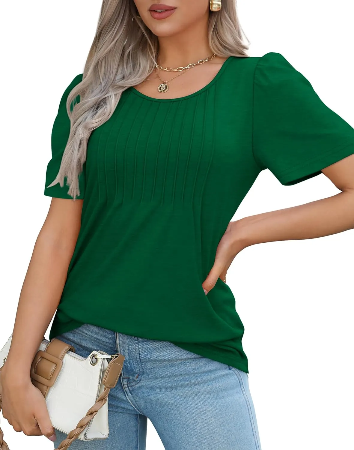 WIHOLL Short Sleeve Shirts for Women Summer Dressy Casual Tops Pleated Front