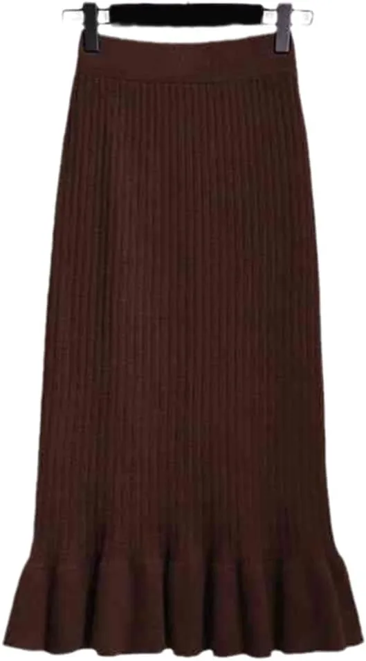 Women High Waist Knitted Skirts Solid Elastic Mermaid Knitting Ribbed Skirt Autumn Winter Warm Mid-Long Skirt