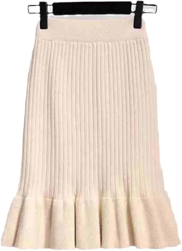 Women High Waist Knitted Skirts Solid Elastic Mermaid Knitting Ribbed Skirt Autumn Winter Warm Mid-Long Skirt