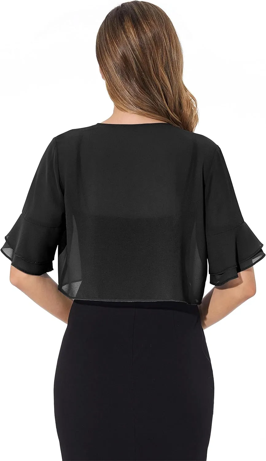 Women Shrug Soft Chiffon Open Front Sheer 3/4 Sleeve Bolero Cardigan for Evening Dress
